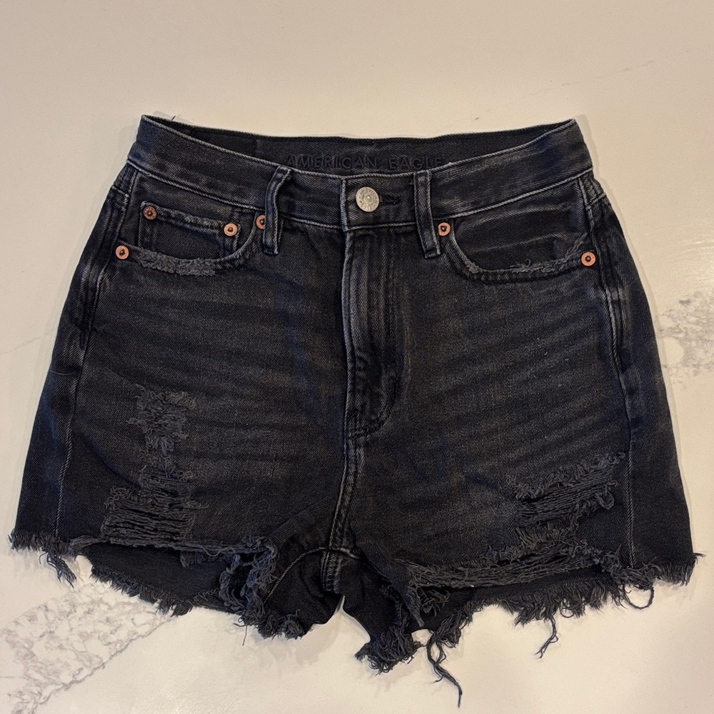 American Eagle Black Distressed Denim Shorts High Rise Frayed Hem Cutoffs